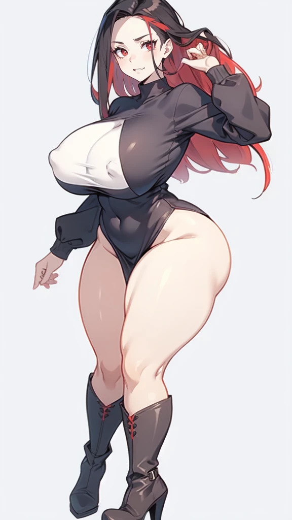 (masterpiece), best quality, expressive eyes, perfect face, vampire girl, huge girl, female muscular:1.2, big breast:1, (curvy:1.5) , (straight hair:1.8), ((blank background)), ((full body)), thick thighs:1.7, (long legs:1.4), amazon body, toeless boots, ((pale skin)) , red eyes, black hair, (long fangs) , long yellow dress, long sleeves, loose sleeves, covered nipples