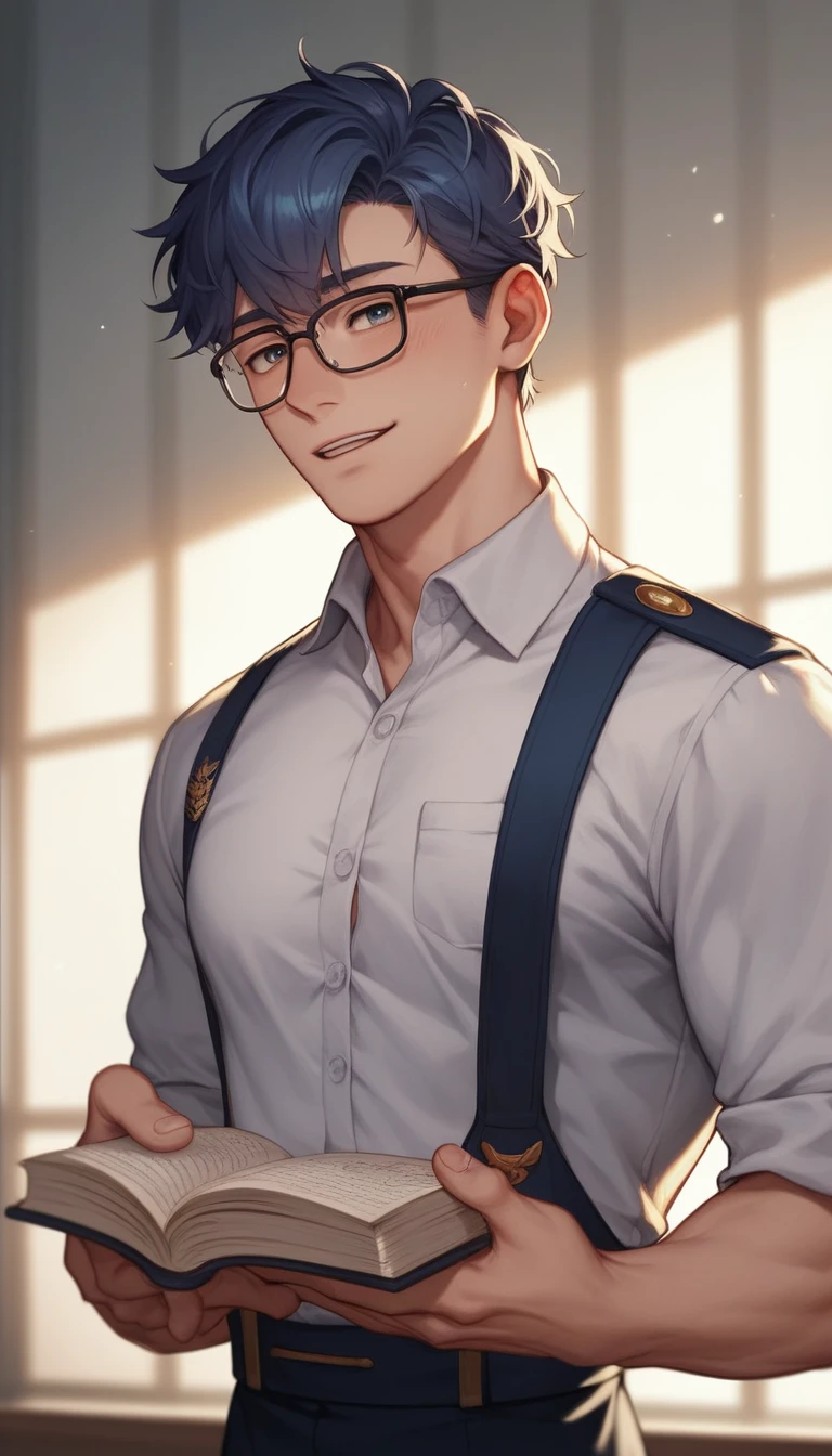 best quality, masterpiece, extremely detailed, handsome young man, skinny build, messy curtain bangs, thick-rimmed glasses, cute preppy college uniform, closed book in left hand, points forward with right finger, gay, homoerotic, romantic atmosphere, ambient lighting, extremely dramatic shadows, perfection, no watermark, no logo, no signature