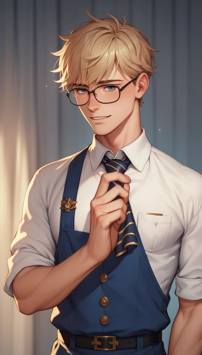 best quality, masterpiece, extremely detailed, handsome young man, skinny build, messy curtain bangs, thick-rimmed glasses, cute preppy college uniform, closed book in left hand, points forward with right finger, gay, homoerotic, romantic atmosphere, ambient lighting, extremely dramatic shadows, perfection, no watermark, no logo, no signature