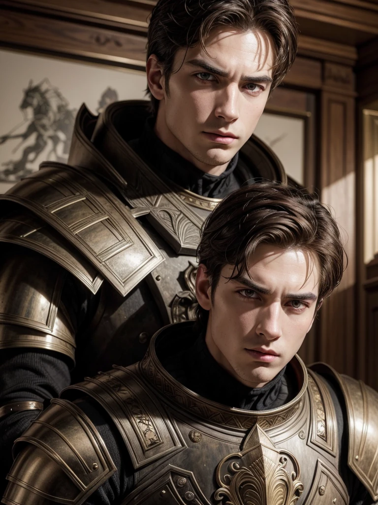 handsome man,armour, arrogant look, drawing style, brownhair, europeu