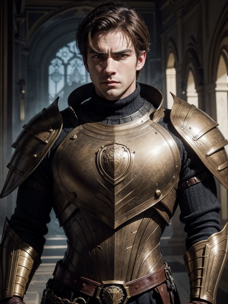 handsome man,armour, arrogant look, drawing style, brownhair, europeu