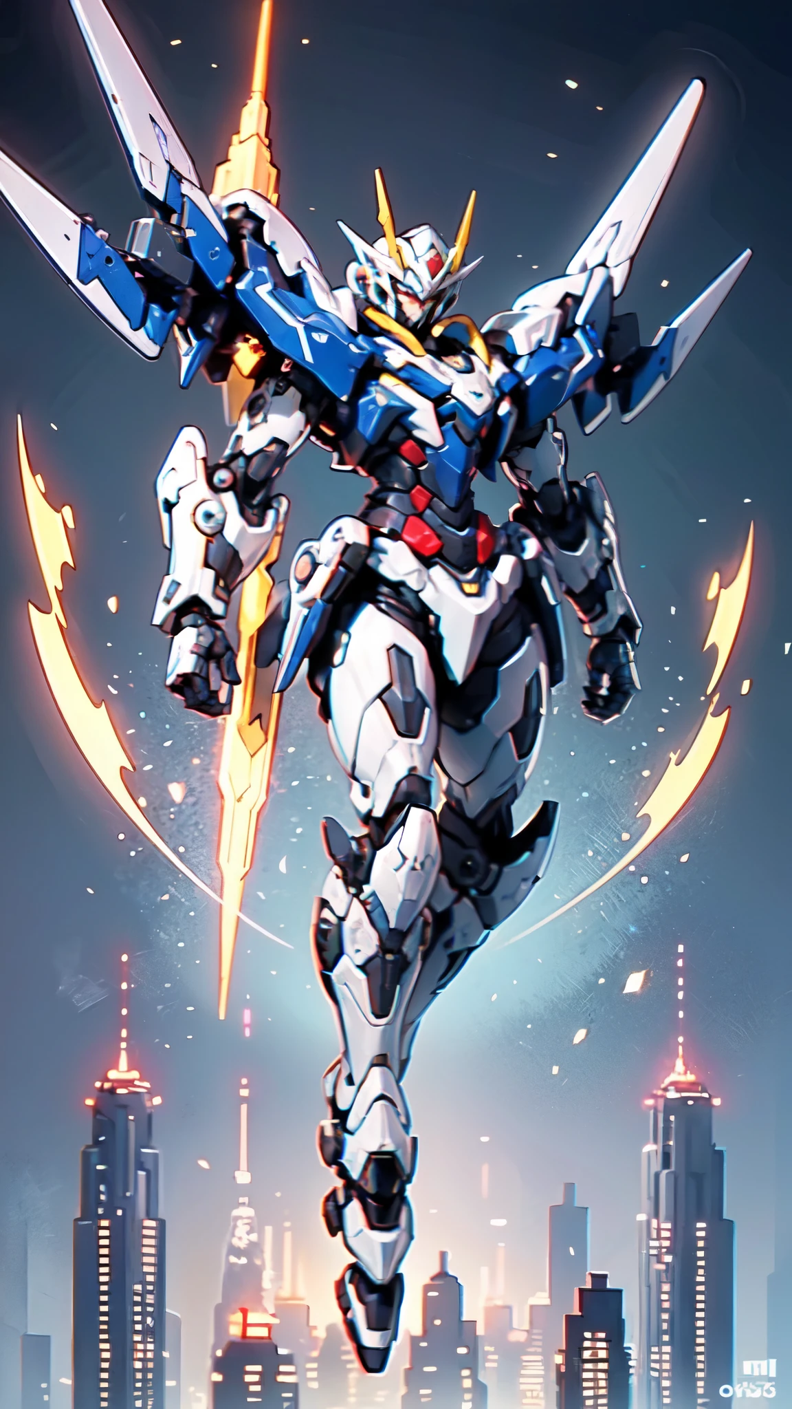 (masterpiece:1.5, best quality:1.5, extremely delicate:1.5), humanoid Mecha, fully enclosed shoulder guards, matching arm and leg guards, full body, full armor, the design balances heavy with agility, (the color scheme is primarily white with red and blue accents, the concept Inspired by Super robot, organic biotech armor, standing, floating high above the futuristic sci-fi city), exquisite and mature art style, (aura effect, energy, glowing eyes, the armor glows), metallic, dramatic, high definition, highres, ultra-detailed, ultra-fine painting, professional, perfect body proportions, anatomically correct, symmetrical face, extremely detailed eyes and face, high quality eyes, creativity, RAW photo, UHD, 32k, Natural light, cinematic lighting, masterpiece-anatomy-perfect