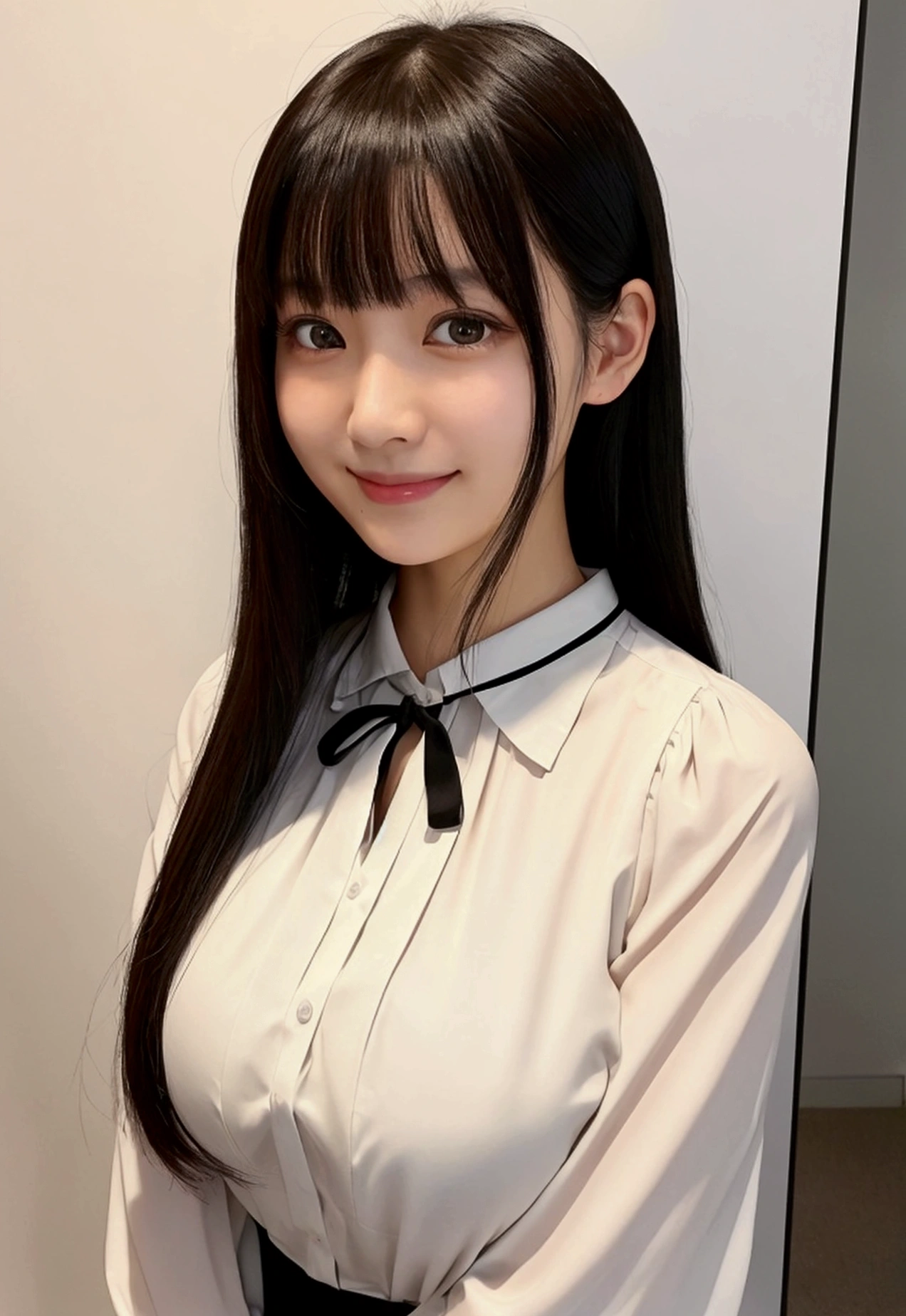 (28 years old,Beautiful Japanese,Round face、Seems kind、Iris、 ,(Black Hair),(Medium Long Hair),high quality、masterpiece:1.2,(Genuine、photo Genuine:1.4),break,whole body,blouse,Big Breasts,whole body,smile,bangs