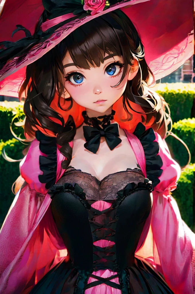 a close up of a woman in a pink dress with black bows, a colorized photo by Ayami Kojima, tumblr, renaissance, lolita style, romantic dress, lolita fashion, black and pink dress, magical dress, cute dress, dreamy style, pink and black, fantasy dress, rococo dress, victorian gothic lolita fashion, beautiful dress, full dress, whimsical and cute