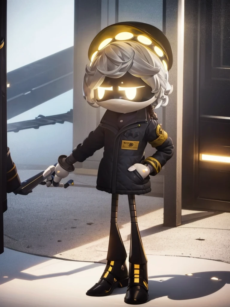 Male, Murder Drone, prototype infiltrator drone, wearing custom formal trenchcoat and helmet, no hair, yellow eyes, standing at attention, hands in pockets, fully in frame, full body shot, facing viewer, lone figure, sole figure, alone, no other characters, singular character, incognito, Murder Drones style