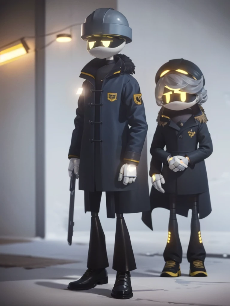 Male, Murder Drone, prototype infiltrator drone, wearing custom formal trenchcoat and helmet, no hair, yellow eyes, standing at attention, hands in pockets, fully in frame, full body shot, facing viewer, lone figure, sole figure, alone, no other characters, singular character, incognito, Murder Drones style