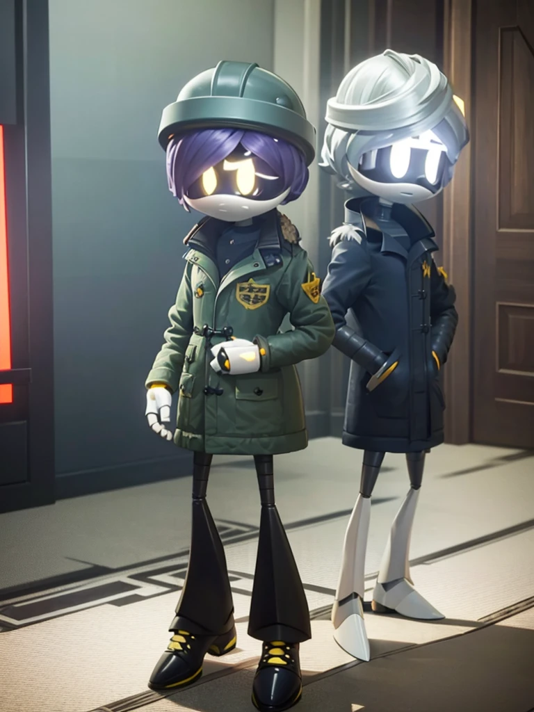 Male, Murder Drone, prototype infiltrator drone, wearing custom formal trenchcoat and helmet, no hair, yellow eyes, standing at attention, hands in pockets, fully in frame, full body shot, facing viewer, lone figure, sole figure, alone, no other characters, singular character, incognito, Murder Drones style