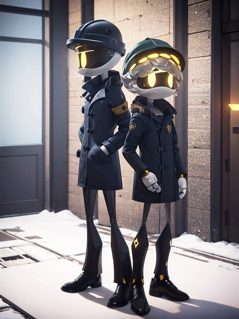 Male, Murder Drone, prototype infiltrator drone, wearing custom formal trenchcoat and helmet, no hair, yellow eyes, standing at attention, hands in pockets, fully in frame, full body shot, facing viewer, lone figure, sole figure, alone, no other characters, singular character, incognito, Murder Drones style