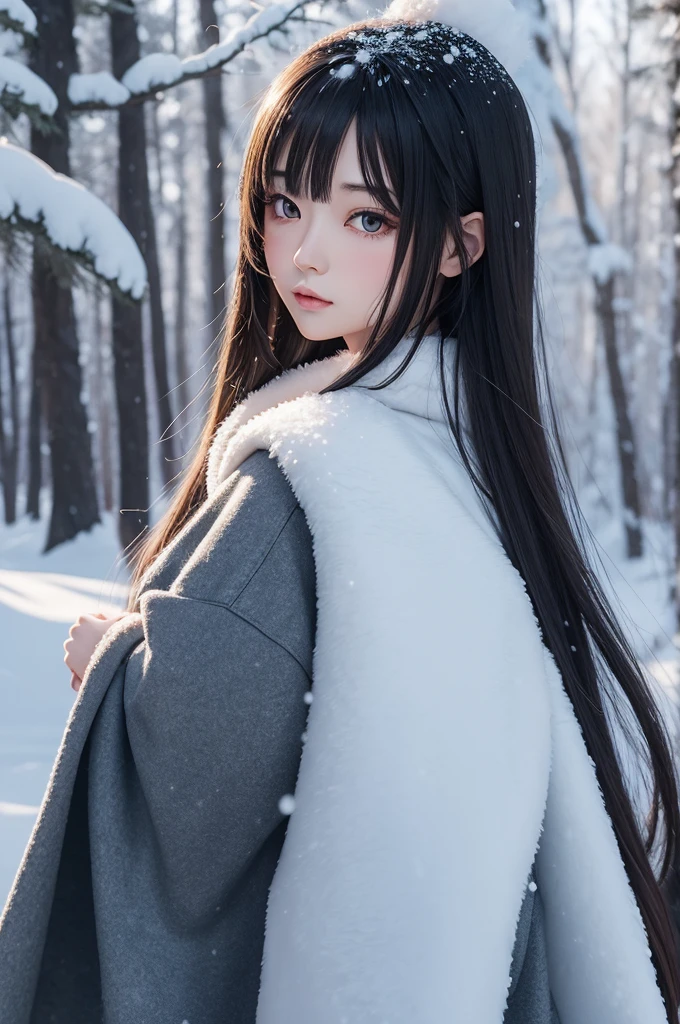 A woman with black hair, black clothes, black scarf, black hoodie and black and white background, (1girl:0.872), (black hair:0.758), (blurry:0.926), (blurry background:0.703) , (brown eyes: 0.562), (Depth of Field: 0.625), (Long Hair: 0.855), (Outdoor: 0.541), (Scarf: 0.989), (Snow: 0.925), (Single: 0.886), (Upper Body: 0.683)