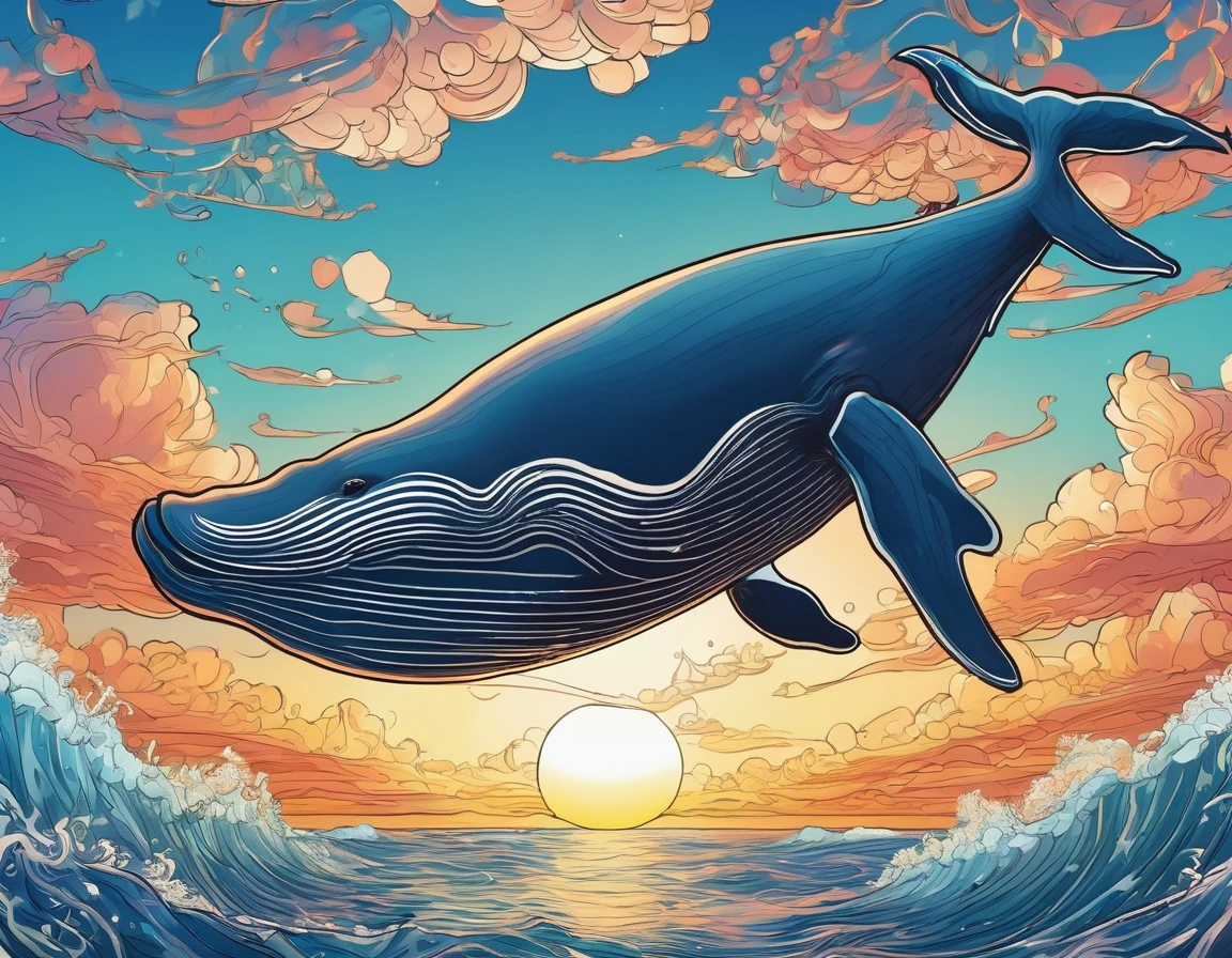 A beautiful and whimsical whale soaring through the sky。Stunning sunrise、Detailed Clouds、Surrounded by delicate contours、アウトサイダーアートの美学を備えた魅力的なVintage Comicsスタイルで描かれています。(Highest quality、4K、8k、High resolution、masterpiece:1.2)、Super detailed、(Real、Photorealistic、Photorealistic:1.37)、Highly detailed whale、detailed cloudy sky、Detailed sunrise、Delicate line drawing、cute、Children's illustration style、Vintage Comics、Bright colors、Cinematic lighting