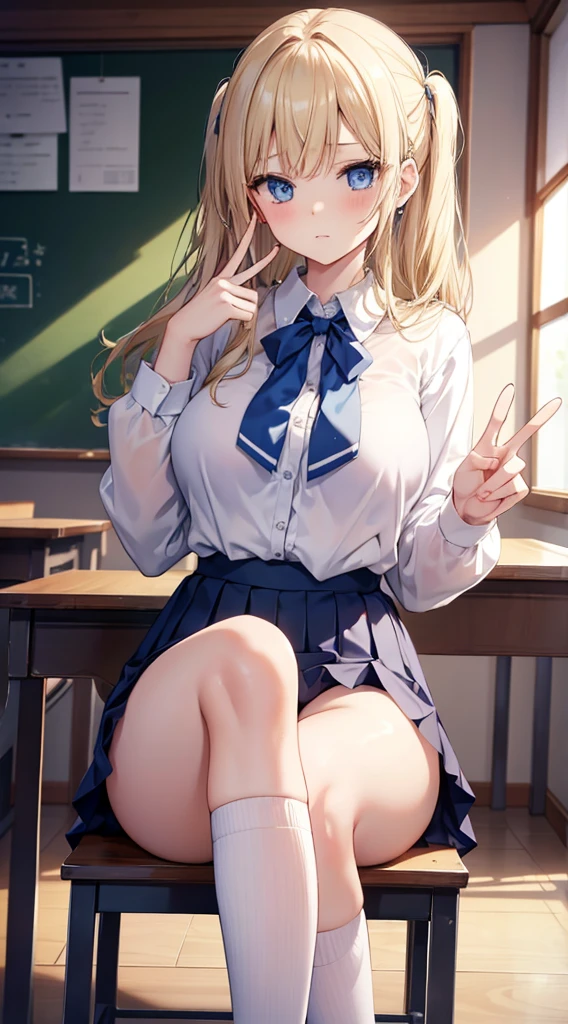 ​masterpiece、best qualtiy、A detailed、Female 1 Person、blue eyess、a blond、Sheer blouse、Unbuttoned blouse、Pleated skirt、Blue hairpin、Colossal tits、Colossal tits、‎Classroom、Peace sign by hand、Sit at the desk with your legs open、Bend your knees and open your legs、white  panties、high socks、Show panties
