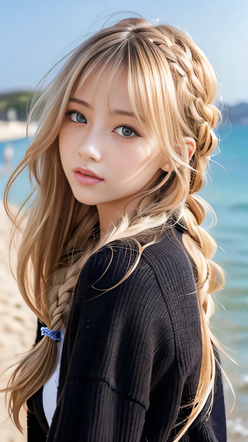 Sexy Big 、Sexy cute looks and cute 15 year old beautiful girl, beautiful and sexy face、A strong wind blows my hair in front of my face、beautiful long blonde French braided hair、beautiful, Cute and sexy eyes hidden behind long bangs