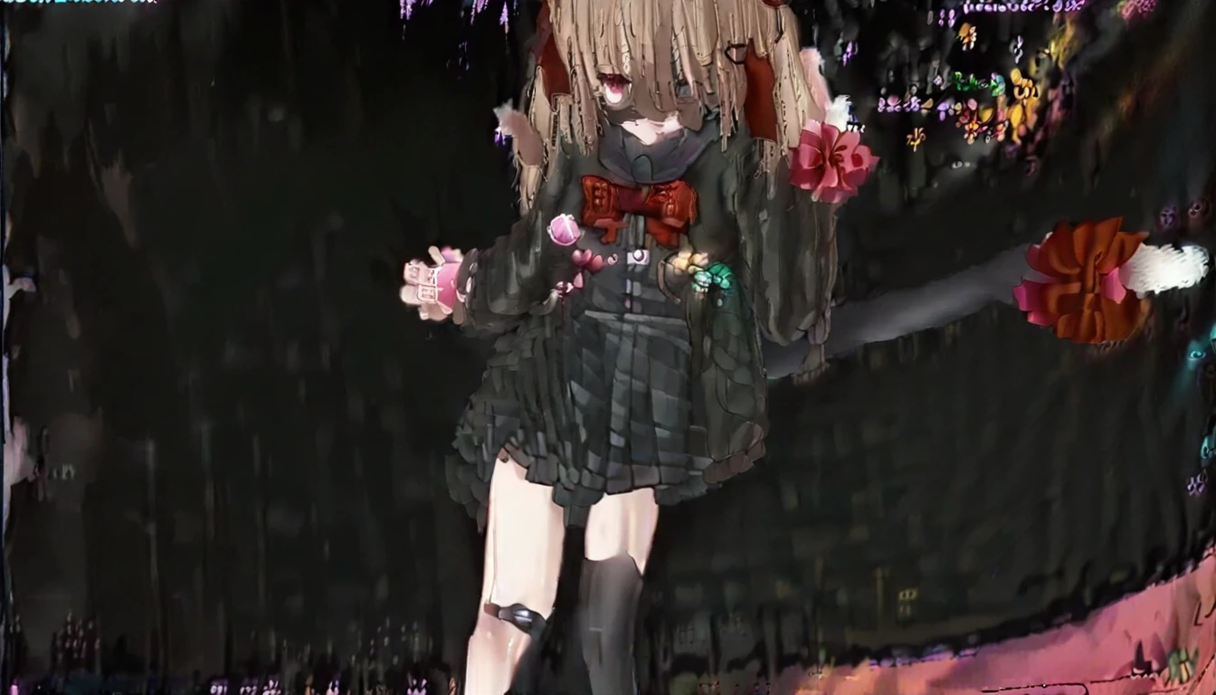 1girl, evil neuro-sama, red eyes, light brown hair, ahoge, two side up, hair ribbon, dark red ribbon, heart hair ornament, black cardigan, open cardigan, black sailor collar, long sleeves, red bow, heart, button badge, star \(symbol\), drone, the number "1" on a badge, turtle, black skirt, pleated skirt, asymmetrical legwear, black thighhighs, black kneehighs, bandaid on knee, grey footwear, loafers,cat ears, cat tail, tail bow, :3,