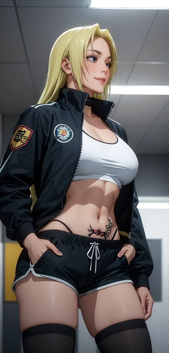 Yuki tsukumo from jujutsu kaisen, long hair, blonde hair, front view detailed body, long belly, big , tight body , large breast, thicc thighs, 1girl, photo_background, gym, shorts, long_hair, thighhighs, short_shorts, crossed_arms, navel, black_shorts, solo, looking_at_viewer, midriff, black_thighhighs, navel_piercing, dolphin_shorts, lips, realistic, tattoo, jacket, breasts, standing , front shot, facing at viewer, cowboy shot , gym, indoors 