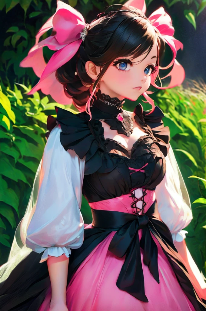 a close up of a woman in a pink dress with black bows, lolita style, romantic dress, lolita fashion, black and pink dress, magical dress, cute dress, dreamy style, fantasy dress, pink and black, rococo dress, victorian gothic lolita fashion, beautiful dress, full dress, whimsical and cute, black white pastel pink, retro and ethereal