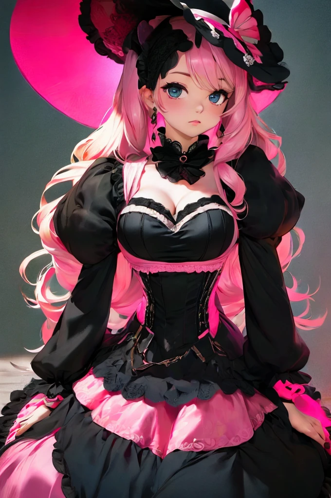 a close up of a woman in a pink dress with black bows, lolita style, romantic dress, lolita fashion, black and pink dress, magical dress, cute dress, dreamy style, fantasy dress, pink and black, rococo dress, victorian gothic lolita fashion, beautiful dress, full dress, whimsical and cute, black white pastel pink, retro and ethereal