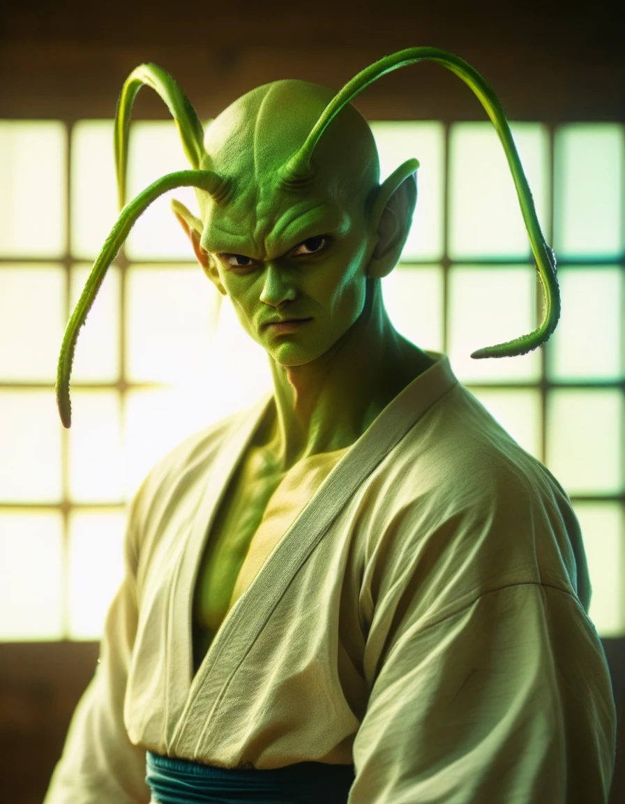 a detailed portrait of piccolo, a fictional character from the dragon ball franchise by akira toriyama, highly detailed and realistic, muscular green alien with antennae, intense gaze, wearing traditional martial arts clothing, dramatic lighting, cinematic composition, intricate detail, realistic skin texture, 8k, photorealistic, award-winning digital art