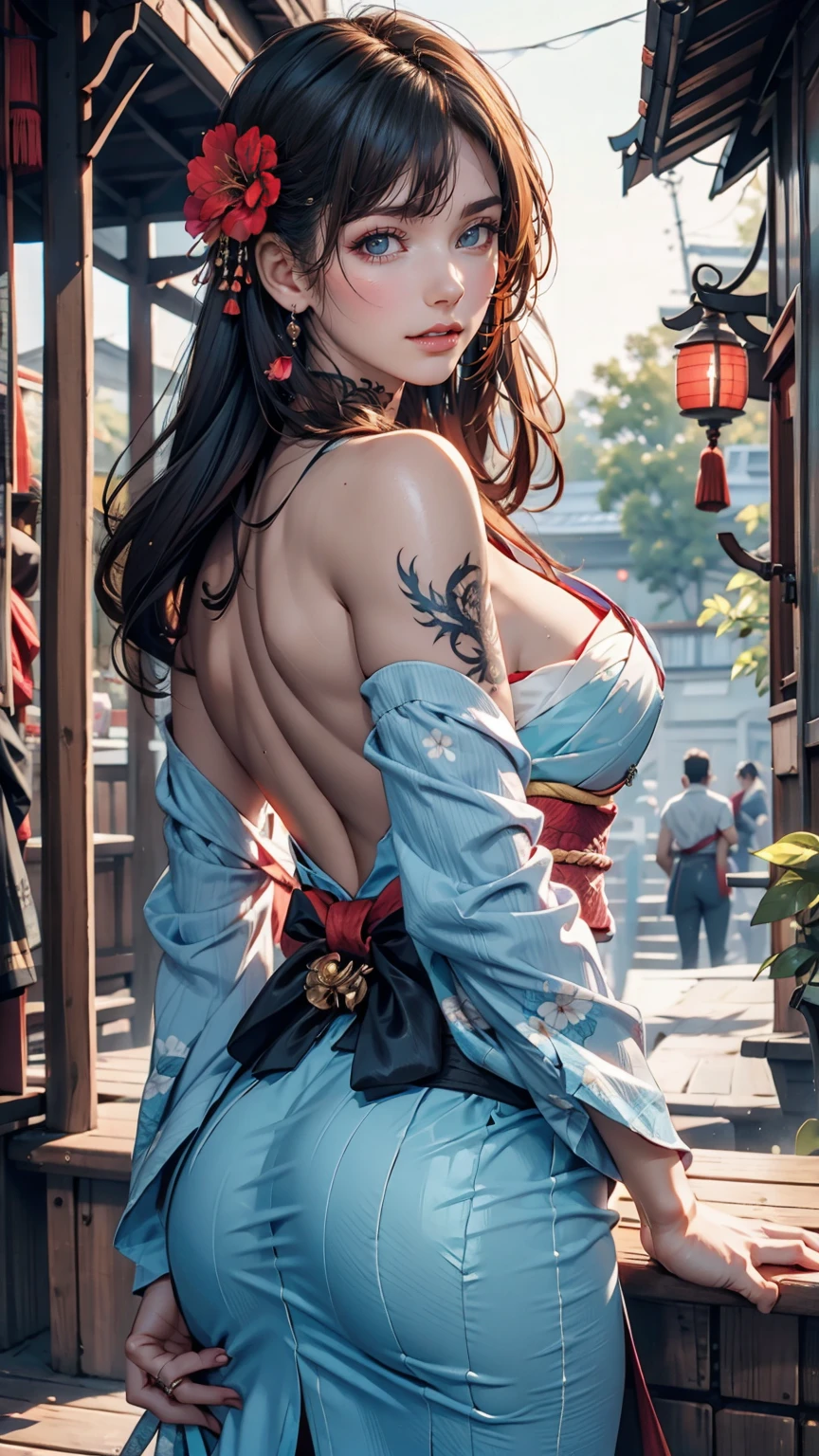 masterpiece, Highest quality, Highest quality, Official Art, beautifully、aesthetic:1.2),One girl, tattoo, alone, kimono, Red and black kimono, hair ornaments, unsheathing, Black Hair, sheath, back tattoo, dragon tattoo, blue eyes, Off the shoulder, Exposing shoulders, Recall, From behind, flower, View your viewers, Holding, compensate, Outdoor, 24-year-old female、Sexy proportions、Sexy、Textured skin((textured skin))、Narrow waist、Put one hand on your hip