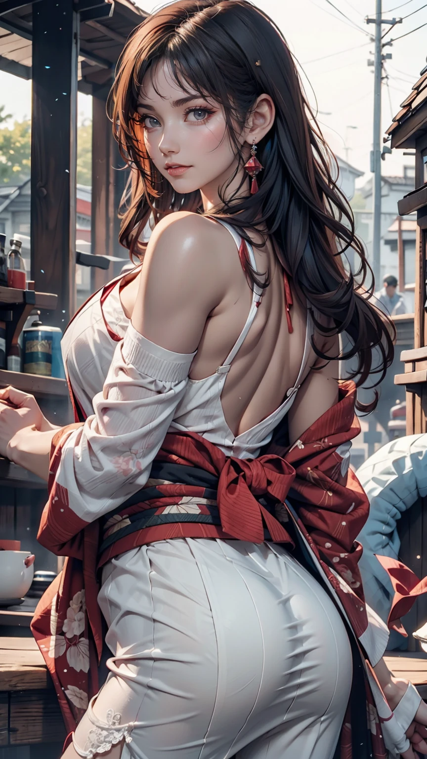 masterpiece, Highest quality, Highest quality, Official Art, beautifully、aesthetic:1.2),One girl, tattoo, alone, kimono, Red and black kimono, hair ornaments, unsheathing, Black Hair, sheath, back tattoo, dragon tattoo, blue eyes, Off the shoulder, Exposing shoulders, Recall, From behind, flower, View your viewers, Holding, compensate, Outdoor, 24-year-old female、Sexy proportions、Sexy、Textured skin((textured skin))、Narrow waist、Put one hand on your hip