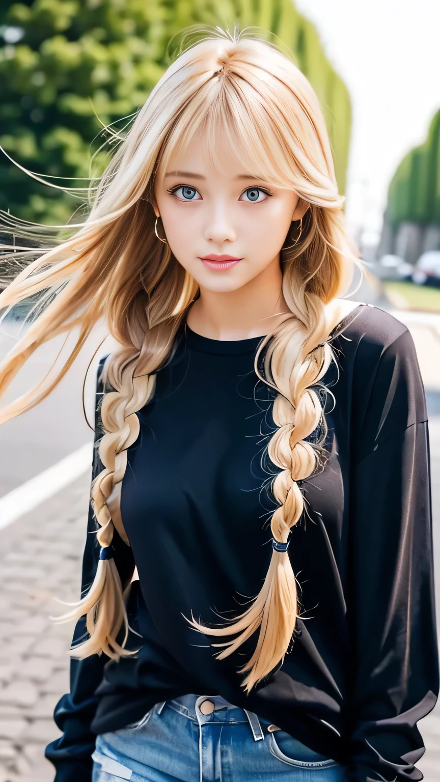 Sexy Big 、Sexy cute looks and cute 15 year old beautiful girl, beautiful and sexy face、A strong wind blows my hair in front of my face、beautiful long blonde French braided hair、beautiful, Cute and sexy eyes hidden behind long bangs