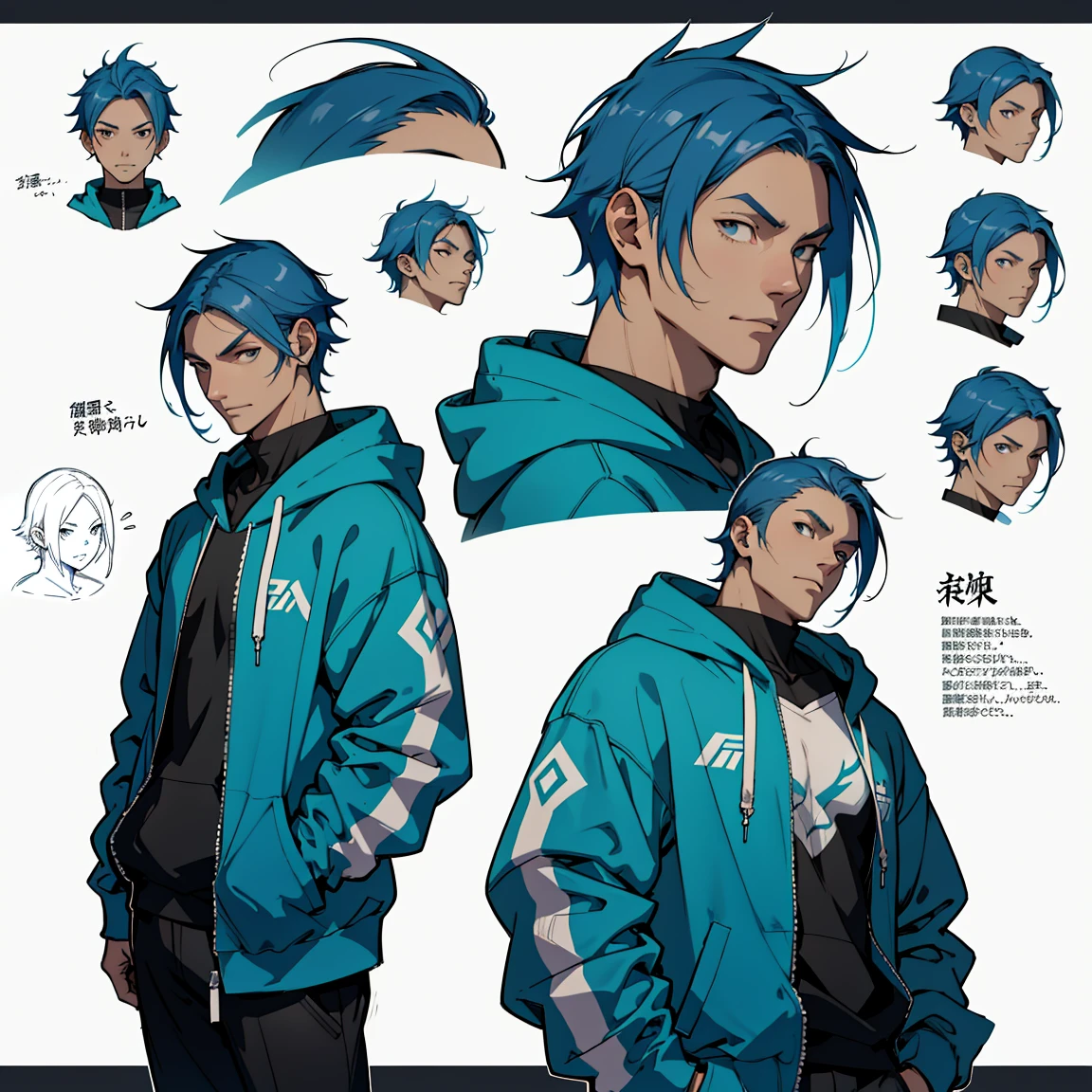 Close-up of a man wearing a large white zip-up hoodie, ((キャラクターConcept Art)), ((Character design sheet, same characters, front, ~ side, return)) maple story character art, Video Game Character Design, Video Game Character Design, A loose zip-up hoodie、Blue Hair, 専門家による高精細Concept Art, Interesting character design, Lucio as a man, Gravity Rush inspiration, sticky tar. Concept Art,A baggy hoodie
