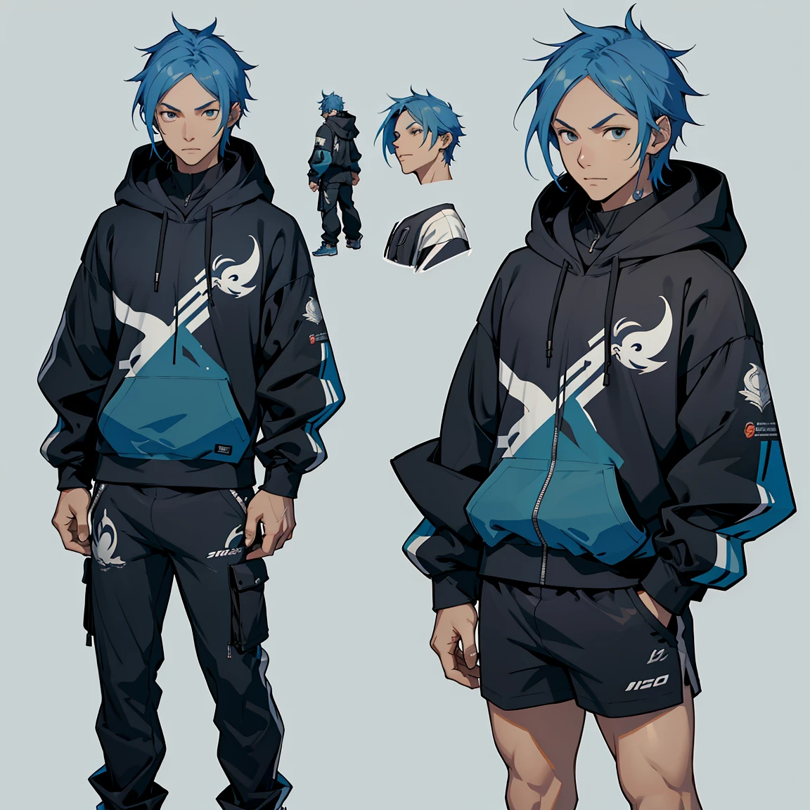 Close-up of a man wearing a large white zip-up hoodie, ((キャラクターConcept Art)), ((Character design sheet, same characters, front, ~ side, return)) maple story character art, Video Game Character Design, Video Game Character Design, A loose zip-up hoodie、Blue Hair, 専門家による高精細Concept Art, Interesting character design, Lucio as a man, Gravity Rush inspiration, sticky tar. Concept Art,A baggy hoodie