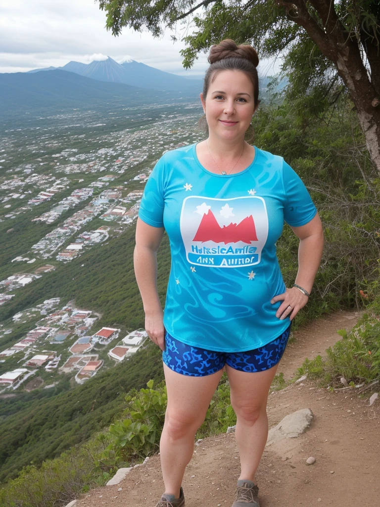 her name is Annette, high quality, ((mature)), ((white pale skin)), 1girl, ((40-year-old chubby Swiss woman)), ((40 years old)), ((chubby)), ((brunette)), pose: standing, wearing stylish blue (((wearing light printed attire for hiking))), ((BACKGROUND: overlooking Offers hiking trails in Naica, Mexico)), random pose, messy bun hair