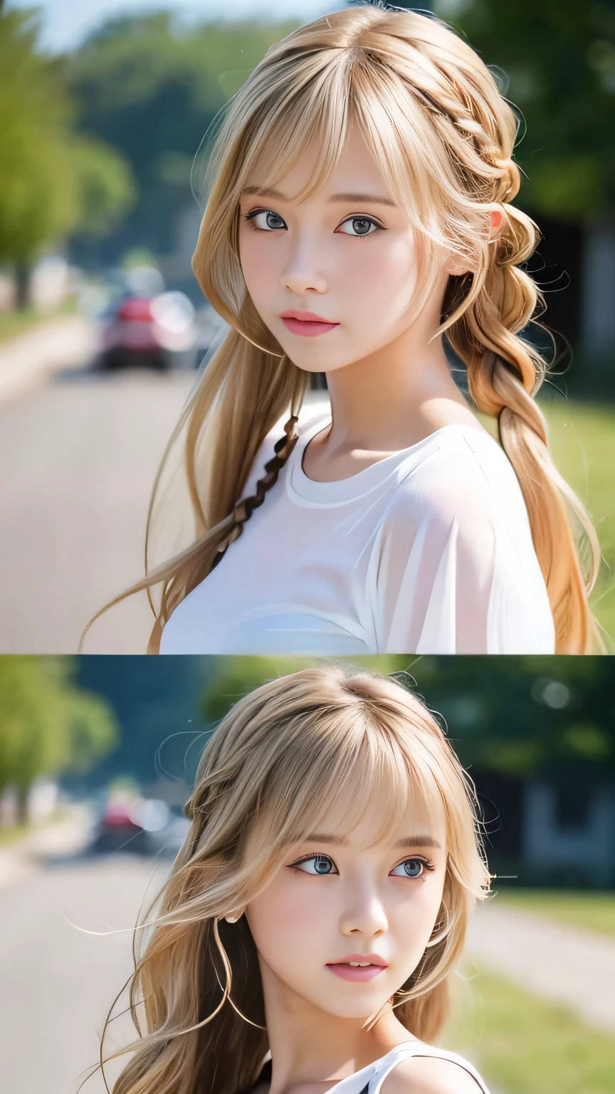 Sexy Big 、Sexy cute looks and cute beautiful girl, beautiful and sexy face、A strong wind blows my hair in front of my face、beautiful long blonde French braided hair、beautiful, Cute and sexy eyes hidden behind long bangs
