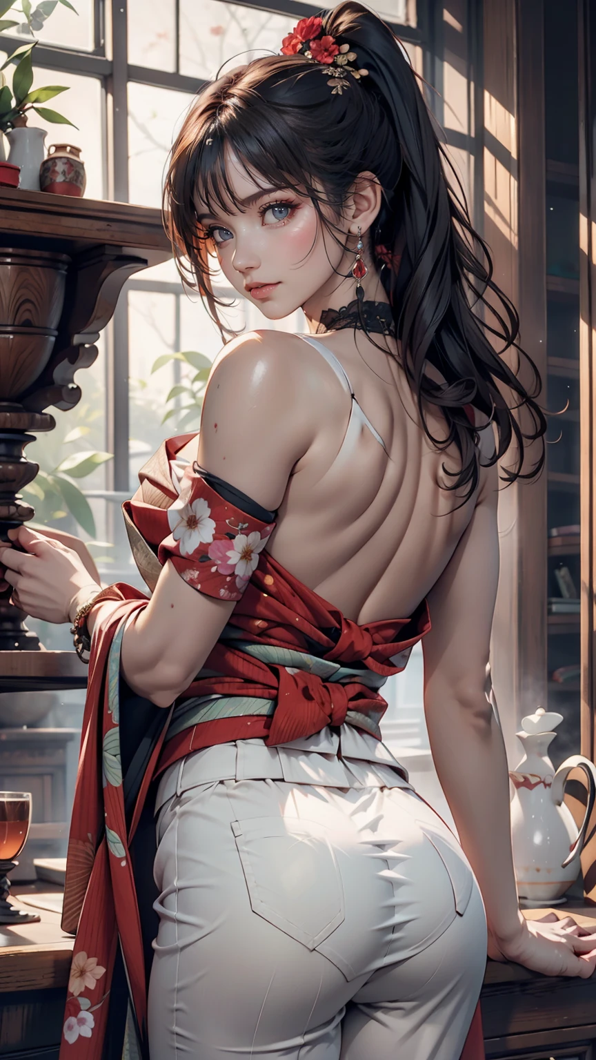 masterpiece, Highest quality, Highest quality, Official Art, beautifully、aesthetic:1.2),One girl, tattoo, alone, kimono, Red and black kimono, hair ornaments, unsheathing, Black Hair, sheath, back tattoo, dragon tattoo, blue eyes, Off the shoulder, Exposing shoulders, Recall, From behind, flower, View your viewers, Holding, compensate, Outdoor, 24-year-old female、Sexy proportions、Sexy、Textured skin((textured skin))、Narrow waist、Put one hand on your hip