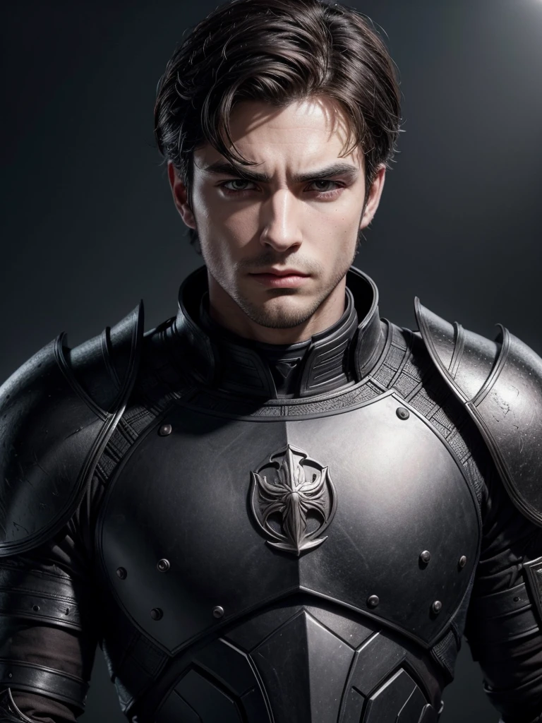 handsome man,black armour, arrogant look, drawing style, brownhair, europeu