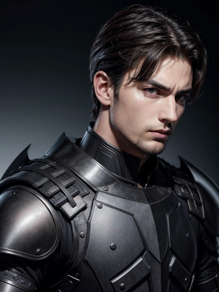 handsome man,black armour, arrogant look, drawing style, brownhair, europeu