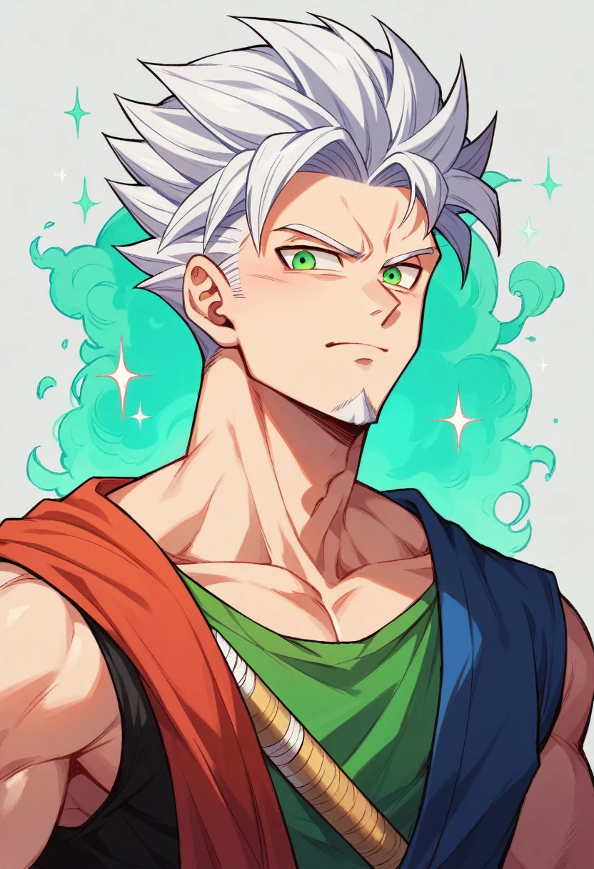 1 men, bonitas, spiky white hair, vibrant green eyes, slim , アニメ, 19yearsold, 19 years, a small goatee, double katana , dragon ball