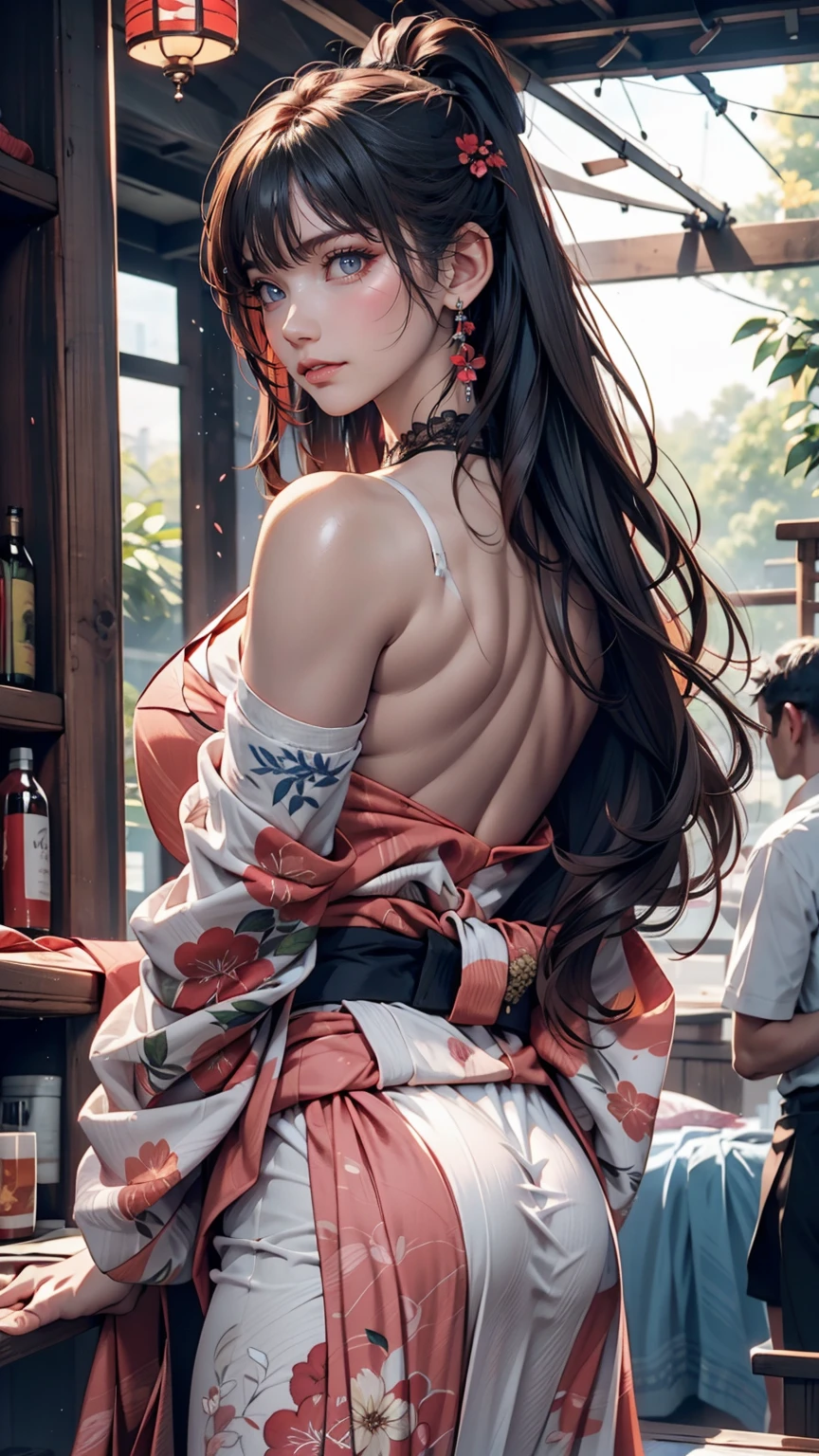 masterpiece, Highest quality, Highest quality, Official Art, beautifully、aesthetic:1.2),One girl, tattoo, alone, kimono, Red and black kimono, hair ornaments, unsheathing, Black Hair, sheath, back tattoo, dragon tattoo, blue eyes, Off the shoulder, Exposing shoulders, Recall, From behind, flower, View your viewers, Holding, compensate, Outdoor, 24-year-old female、Sexy proportions、Sexy、Textured skin((textured skin))、Narrow waist、Put one hand on your hip