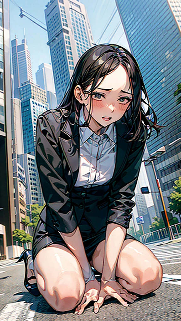 Male hand,Remote controller,Shooting from below,office Street,Skyscrapers in the background,blue sky,all fours,Kneel,masterpiece,quality,High resolution,高quality,Realistic,Random hairstyle,business suit,Pencil Skirt,Black jacket,White collared shirt,whole body,Forehead,Ahegao,Embarrassed face,Fair skin,Thighs,High heels,panty drop:1.5