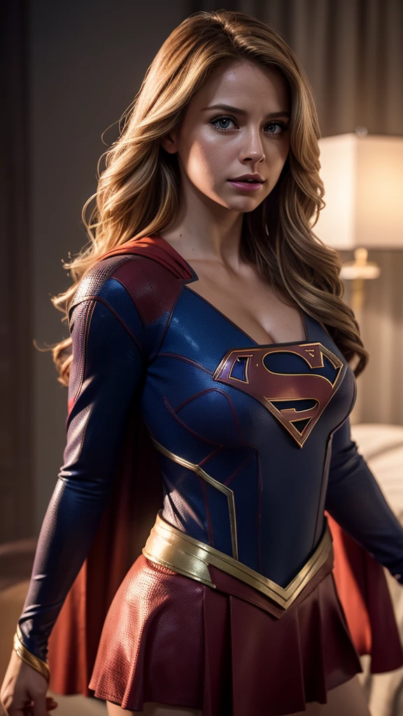 Hyper-realistic image of Supergirl in a scene where she is fading into small particles, big breasts and cleavage in her blouse, cinematic lighting effects maximum quality image.