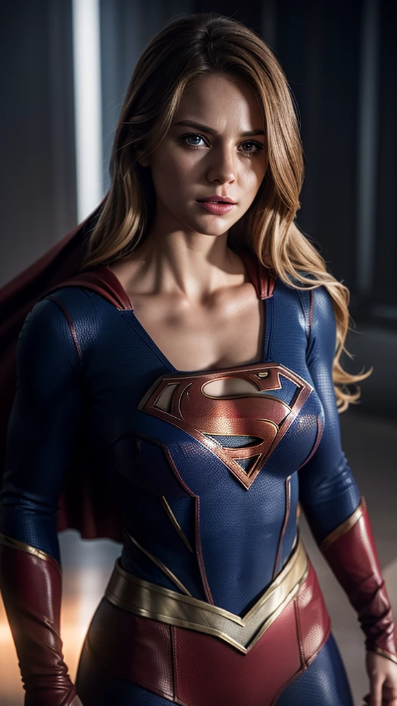 Hyper-realistic image of Supergirl in a scene where she is fading into small particles, big breasts and cleavage in her blouse, cinematic lighting effects maximum quality image. 