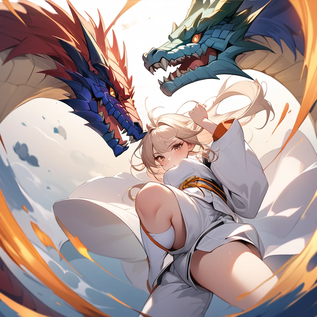 ((Highest quality、masterpiece、anime style、best quality、high resolution、8k、detailed、ultra-detailed:1.3))、Long legs、Sharp focus:1.2, Beautiful woman with perfect figure:1.4、(Smiling:1.2), double eyelid、30-year-old female、Sexy pose、((((Close your mouth、One Woman、white karate uniform:1.5)))),The background is a different world、A woman fights a dragon、Uplifting