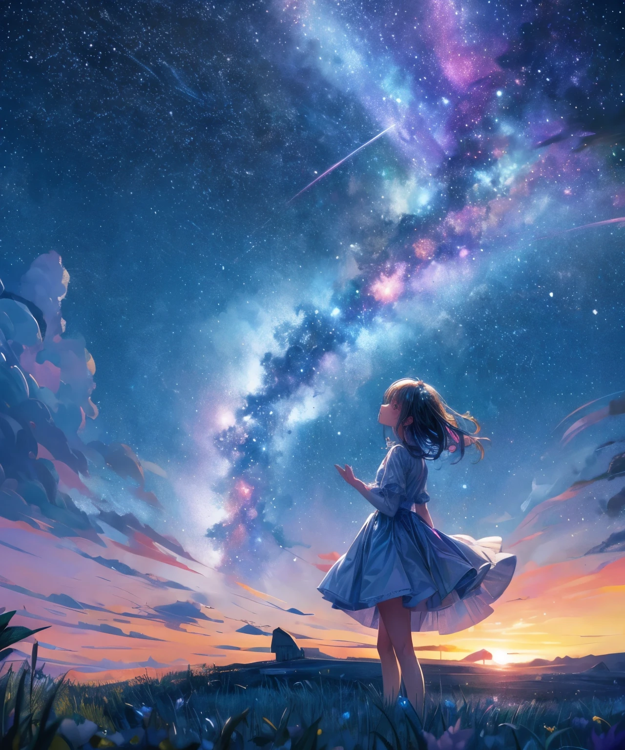 Describe a scene in which a cute girl character is lying on a grassy hill, Look up at the starry sky. Surround her with colorful nebulae and her favorite constellations.