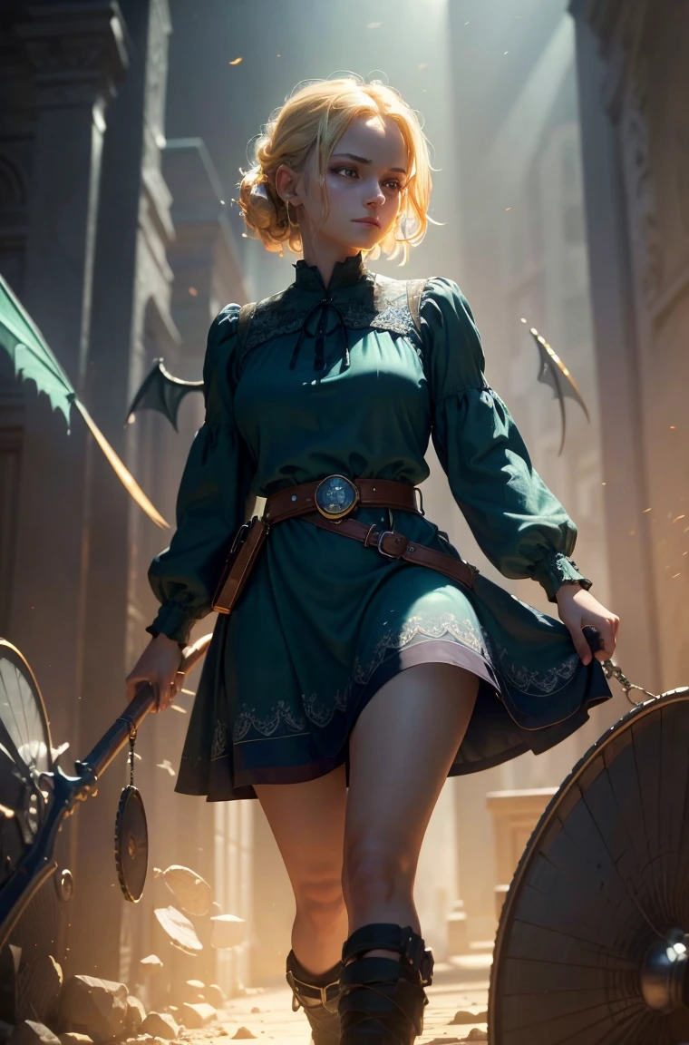 50 year old Standing wearing a knee length or longer full colorful dress that covers her thighs BLONDE A female blonde succubus with bat wings tipped with claws, with mesmerizing feature masterpiece, top quality, best quality, official art, beautiful and aesthetic:1.2), (1girl), extreme detailed,(fractal art:1.3), colorful, highest detailed, (masterpiece, best quality:1.3) 1 bright-amber, blue, green cat like-eyes, professional digital painting, Unreal Engine 5. wearing a dress, matching thin belt with a high waist thick heeled full covered shoes, oxfords, Seductive Hopeful expression, finely detailed eyes, happy mood, Wearing a full coverage blouse, epic scene, epic composition, Cinematic Lighting, Volumetric Lighting, ethereal light, intricate details, extremely detailed volumetric rays. oil painting, Detailed facial features, Sunlight, bright colors, dramatic lighting, expressive eyes and lips, High Resolution, 4K quality, Photorealistic