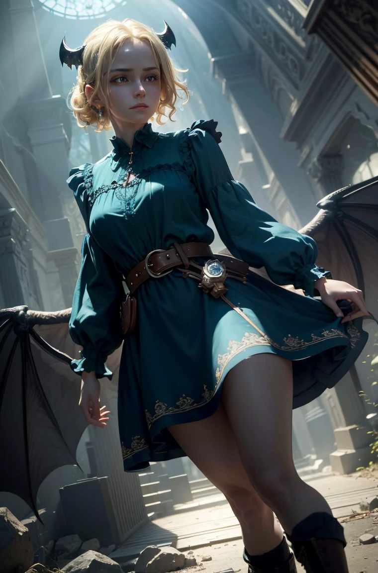 50 year old Standing wearing a knee length or longer full colorful dress that covers her thighs BLONDE A female blonde succubus with bat wings tipped with claws, with mesmerizing feature masterpiece, top quality, best quality, official art, beautiful and aesthetic:1.2), (1girl), extreme detailed,(fractal art:1.3), colorful, highest detailed, (masterpiece, best quality:1.3) 1 bright-amber, blue, green cat like-eyes, professional digital painting, Unreal Engine 5. wearing a dress, matching thin belt with a high waist thick heeled full covered shoes, oxfords, Seductive Hopeful expression, finely detailed eyes, happy mood, Wearing a full coverage blouse, epic scene, epic composition, Cinematic Lighting, Volumetric Lighting, ethereal light, intricate details, extremely detailed volumetric rays. oil painting, Detailed facial features, Sunlight, bright colors, dramatic lighting, expressive eyes and lips, High Resolution, 4K quality, Photorealistic