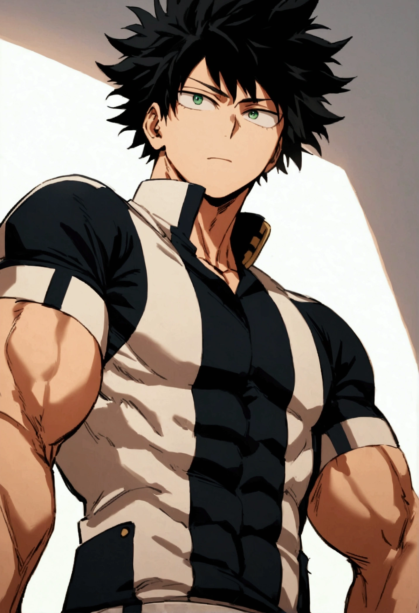  He is a 17 year old teenager, He has slightly disheveled very black hair..., somewhat light green eyes, (front angle ) , muscular body , He is dressed in the anime uniform. "my hero academia"