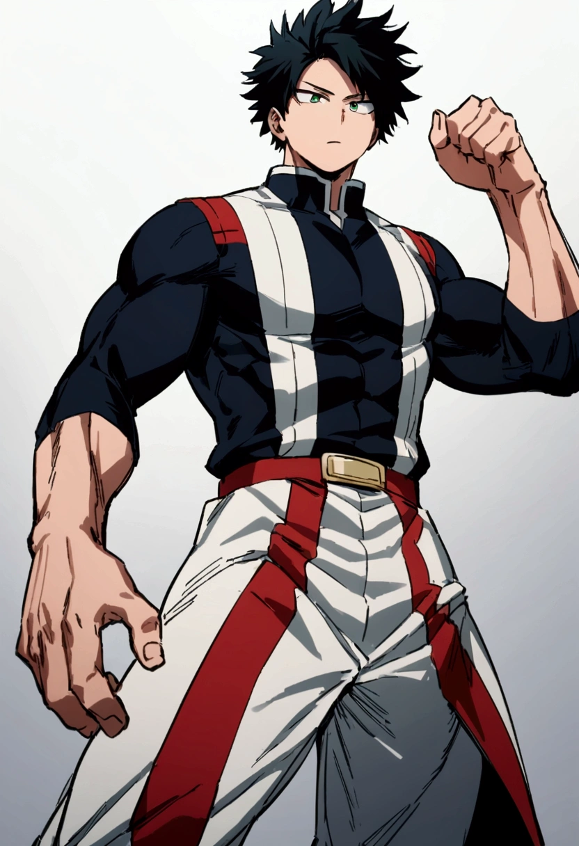  He is a , He has slightly disheveled very black hair..., somewhat light green eyes, (front angle ) , muscular body , He is dressed in the anime uniform. "my hero academia"