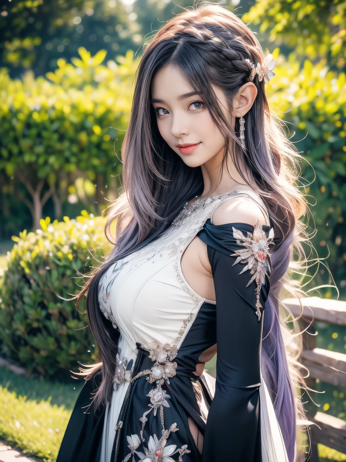 look at butterflies, butterflies, black and white maid dress, graceful, park, green park, flwers, pond, smile, standing, adult, 1 girl, elf, toned skin, anime, look at viewer, (light purple hair), straight hair, show body to viewer, best quality, highres, 8k, masterpiece, anatomically correct, super detail, textured skin, diamond face shape, so huge breast, fit body, beautiful, fantasy, anime style, anime painting, happy, joyful
