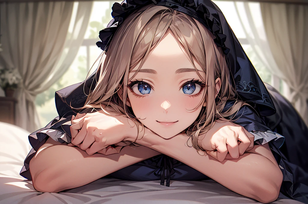 (Biologically correct limb count)、Full body, including face、4K、masterpiece、Focus on the face、Well-proportioned facial features、Delicate descriptive eyes、One beautiful woman、Excellent style、(head band、Gothic ta、Blue clothes、High heels)、(smile)、(Close-up photo of the upper body)、look up、Photos with white borders、Looking into the camera、Lie down in bed、