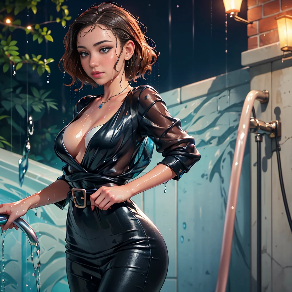 Woman thrown in the pool in her fine clothes, at a party, ((dressed up)), ((expensive party frock)), jewelry, ((soaked)), ((drenched)), ((dripping wet)), ((cute)), water at waist level, oily clothes, droplets, evening, photorealistic, bokeh, narrow focus, guests, outdoors, night sky, cityscape