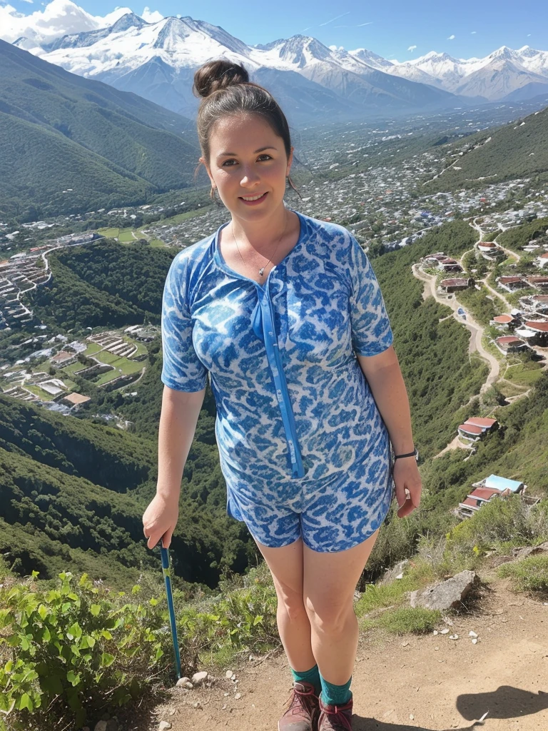 woman in purple shirt and blue panties standing on a hill, in the Swiss Alps, with montanhas ao fundo, vacation photo, colinas ao fundo, with montanhas ao fundo, Os Alpes ao fundo, garota dos Alpes, nas montanhas, montanhas ao fundo , em um fundo pitoresco, com montanhas como pano de fundo, nas montanhas, aldeia ao fundo. Uma mulher com pele branca e cabelos escuros. ela tem cerca de 35 anos. Her pink lips are like a delicate flower, seus olhos castanhos escuros, grande e encantador, parecem conter um mundo de maravilhas. Corpo fino. cintura fina. Your body exudes glamor and your face is the definition of beauty. altamente realista, lindo, pink lips, pink lipstick, sorridente, feeling of lightness and joy, hiperrealismo, pele muito elaborada, olhar direto. foto de corpo inteiro, foto clara, alta qualidade, high resolution, obra de arte, 8K.