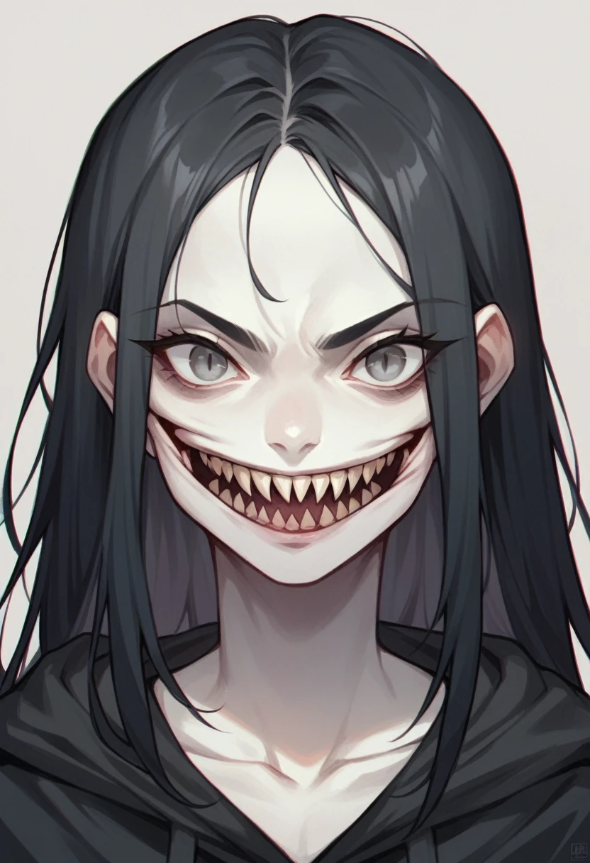 1 woman, portrait, mystery appearance, solo, woman, large, gray eyes, has a scary smile and kitten sharp teeth. Black hair, long hair, white skin, wears a black hoodie, wears a black mask to cover his mouth, stalker.
