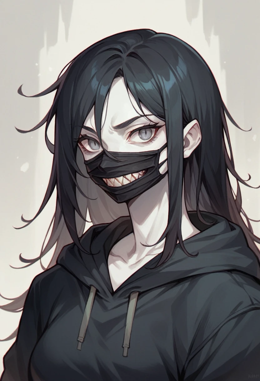 1 woman, portrait, mystery appearance, solo, woman, large, gray eyes, has a scary smile and kitten sharp teeth. Black hair, long hair, white skin, wears a black hoodie, wears a black mask to cover his mouth, stalker.