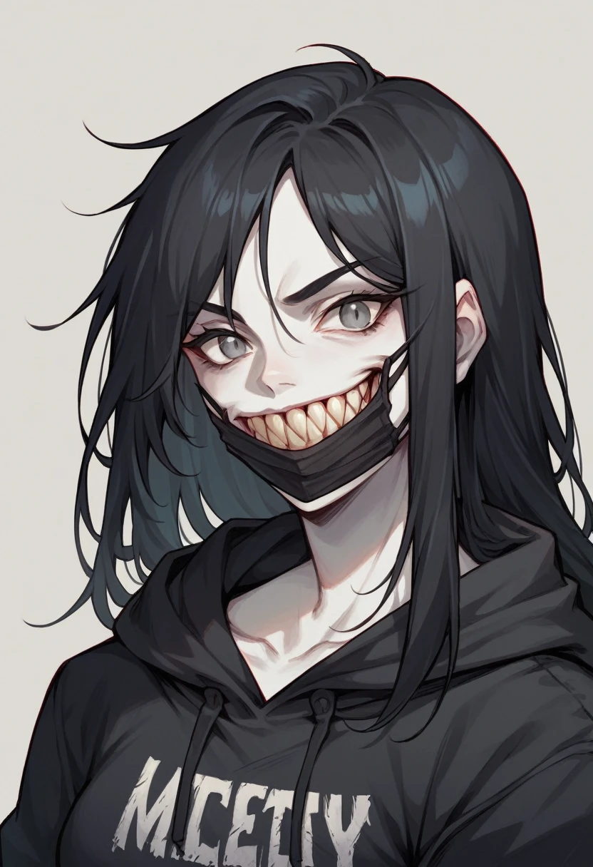 1 woman, portrait, mystery appearance, solo, woman, large, gray eyes, has a scary smile and kitten sharp teeth. Black hair, long hair, white skin, wears a black hoodie, wears a black mask to cover his mouth, stalker.