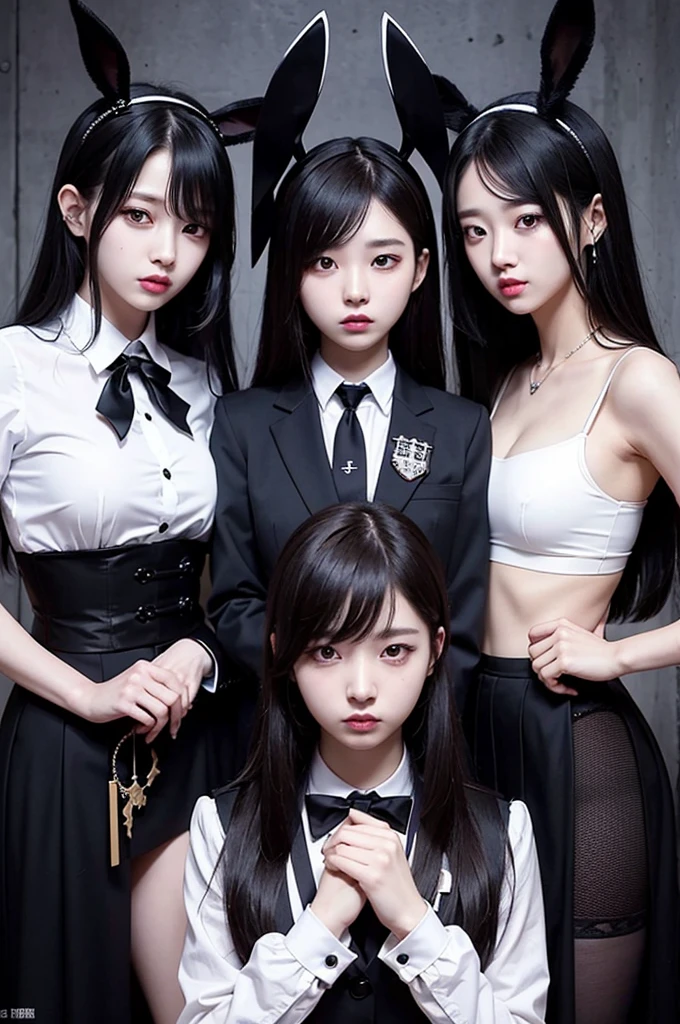 

"A 4-member K-pop girl group with a dark and mysterious high school concept. They all wear dark uniforms, bunny masks, and have styled hair, creating an atmosphere of suspense and fascination."